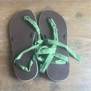 Sseko Leather Ribbon Sandals Green Braided Wrap Tie Gladiator Boho Women's 6